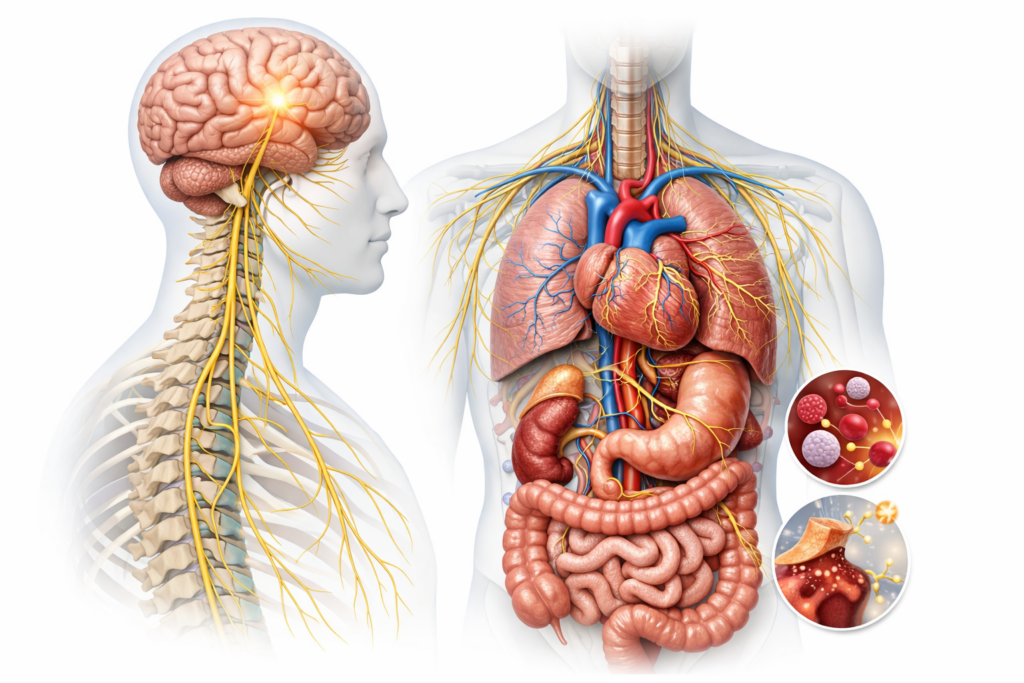 Se focaliser uniquement sur le nerf vague,
c’est observer une porte…

sans voir la maison entière.

Le modèle Corps-Conscience propose une autre perspective :

celle d’un organisme vivant, intelligent, distribué,
où chaque partie contribue à l’équilibre global.

Et où la transformation ne dépend pas d’un seul levier,
mais de l’orchestration fine et cohérente de multiples processus physiologiques et conscients.
Dr Jean-Victor Belmère 