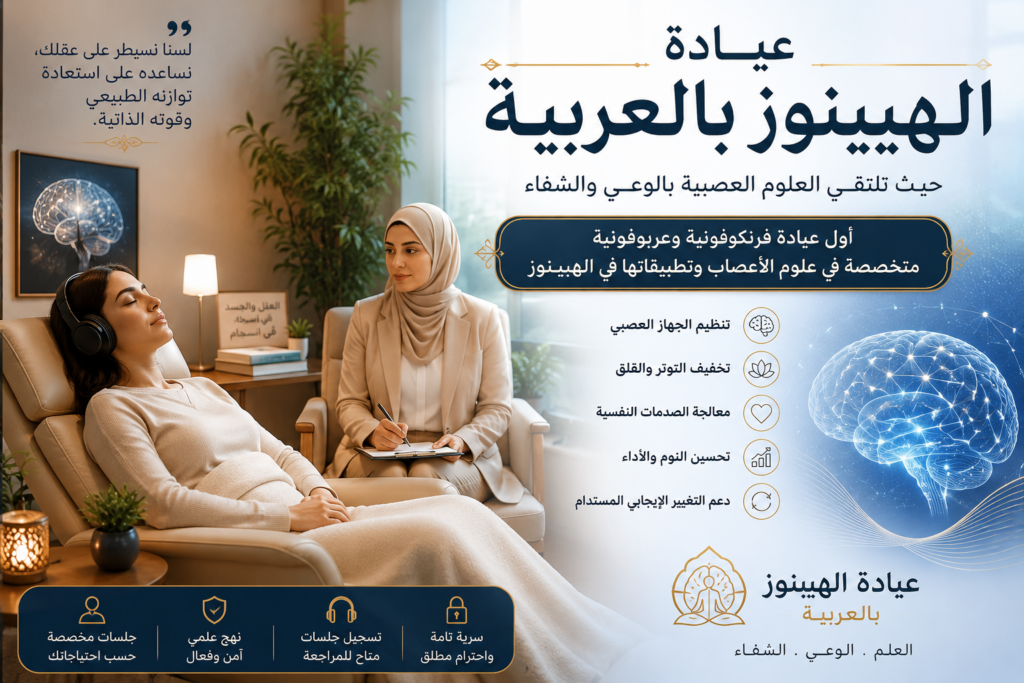 Le premier espace francophone et arabophone dédié aux neurosciences de la transformation

Pendant de nombreuses années, l’hypnose a été principalement expliquée à travers la suggestion, le langage et les états modifiés de conscience. Si ces dimensions conservent leur intérêt clinique, les connaissances scientifiques actuelles permettent aujourd’hui d’élargir considérablement notre compréhension des mécanismes du changement humain.

Les travaux récents en neurosciences, en neurophysiologie, en psychoneuroimmunologie, en neuroplasticité et dans l’étude du système nerveux autonome montrent que les émotions, les comportements et les capacités d’adaptation sont intimement liés à l’état physiologique de l’organisme.

Notre cabinet est né de cette vision intégrative. Il réunit hypnothérapie, neurosciences appliquées et accompagnement médical spécialisé au sein d’un même espace de réflexion et de pratique, destiné aux personnes souhaitant comprendre, réguler et mobiliser leurs ressources de manière durable.

Notre ambition est simple : rapprocher les découvertes scientifiques les plus récentes des réalités humaines vécues au quotidien afin d’offrir un accompagnement à la fois rigoureux, moderne et profondément humain.

⸻

الدارجة المغربية

أول فضاء فرنكفوني وعربوفوني كيهتم بعلوم الأعصاب المطبقة على التنويم العلاجي

لسنوات طويلة كان التنويم العلاجي كيتفسر أساساً بالكلام، بالإيحاء وببعض التقنيات النفسية. ولكن اليوم، التطور الكبير فعلوم الأعصاب خلا الباحثين يفهمو بزاف ديال الآليات اللي كتأثر على التغيير النفسي والسلوكي بطريقة أدق وأكثر علمية.

الدراسات الحديثة بينات باللي الدماغ، الجهاز العصبي، المشاعر والجسم كامل خدامين كنظام واحد مترابط. ولهذا السبب، فالتغيير الحقيقي ما كيعتمدش غير على الكلمات، ولكن كذلك على الطريقة اللي كيستجيب بها الجهاز العصبي وعلى الإحساس الداخلي بالأمان والتوازن.

من هاد الرؤية تزاد هاد الفضاء العلاجي، اللي كيجمع بين التنويم العلاجي، علوم الأعصاب والتأطير الطبي المتخصص، باش يوفر مرافقة حديثة مبنية على العلم وقريبة من الواقع اليومي ديال الإنسان.

الهدف ديالنا هو نبسطو أحدث المعارف العلمية ونخليوها فخدمة الصحة النفسية والتوازن الشخصي وجودة الحياة.