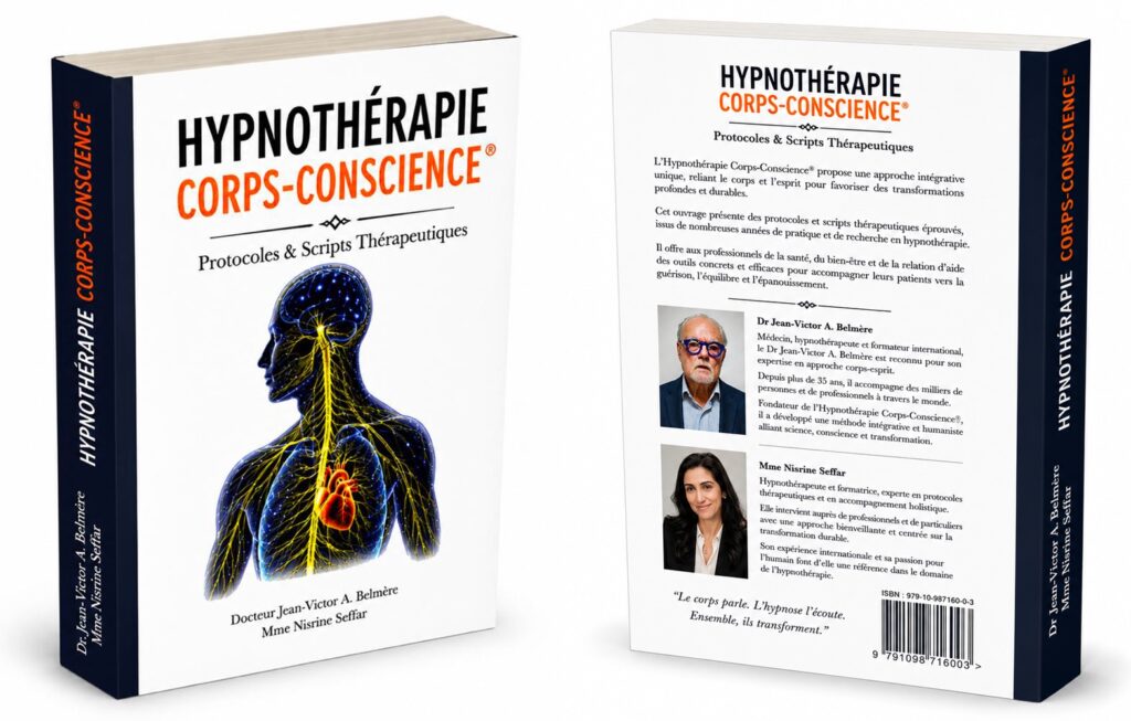 L’Hypnothérapie Corps-Conscience® propose une approche thérapeutique centrée sur la régulation du système nerveux et le rétablissement d’un sentiment de sécurité corporelle. Fondée par le Dr Jean-Victor A. Belmère, elle considère que la compréhension intellectuelle ne suffit pas toujours à produire un changement durable lorsque le corps demeure en état d’alerte. Présentée par le Dr Belmère et Nisrine Seffar, cette approche offre une lecture corporelle et neurophysiologique du stress, des traumatismes, de l’anxiété, des addictions, des douleurs et des souffrances émotionnelles. Ses fondements et ses protocoles sont exposés dans l’ouvrage Hypnothérapie Corps-Conscience® — Protocoles & Scripts Thérapeutiques.